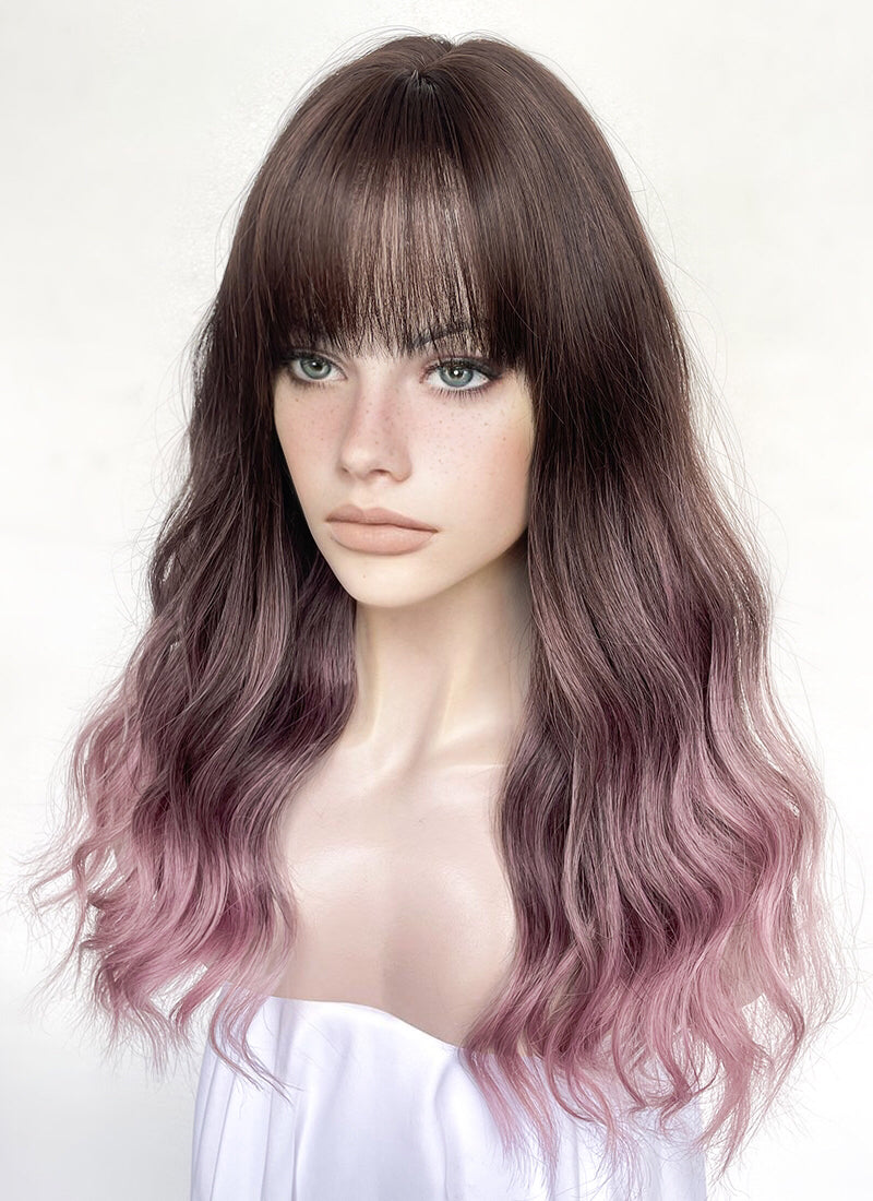 Brown Pink Ombre Wavy Synthetic Hair Wig NS506